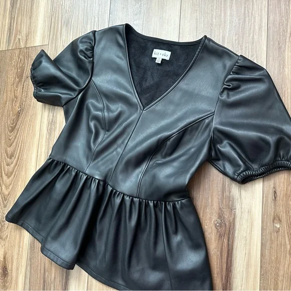 Kit & Sky Faux Leather Peplum Top Black Size Small Soft Lined Vegan Leather - Picture 3 of 8